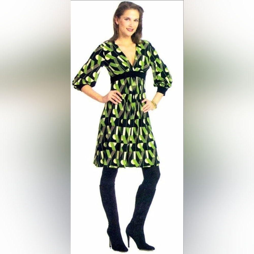 Maggy London Retro Mod Geometric Print Empire Waist Pleated Womens Midi Dress, 6